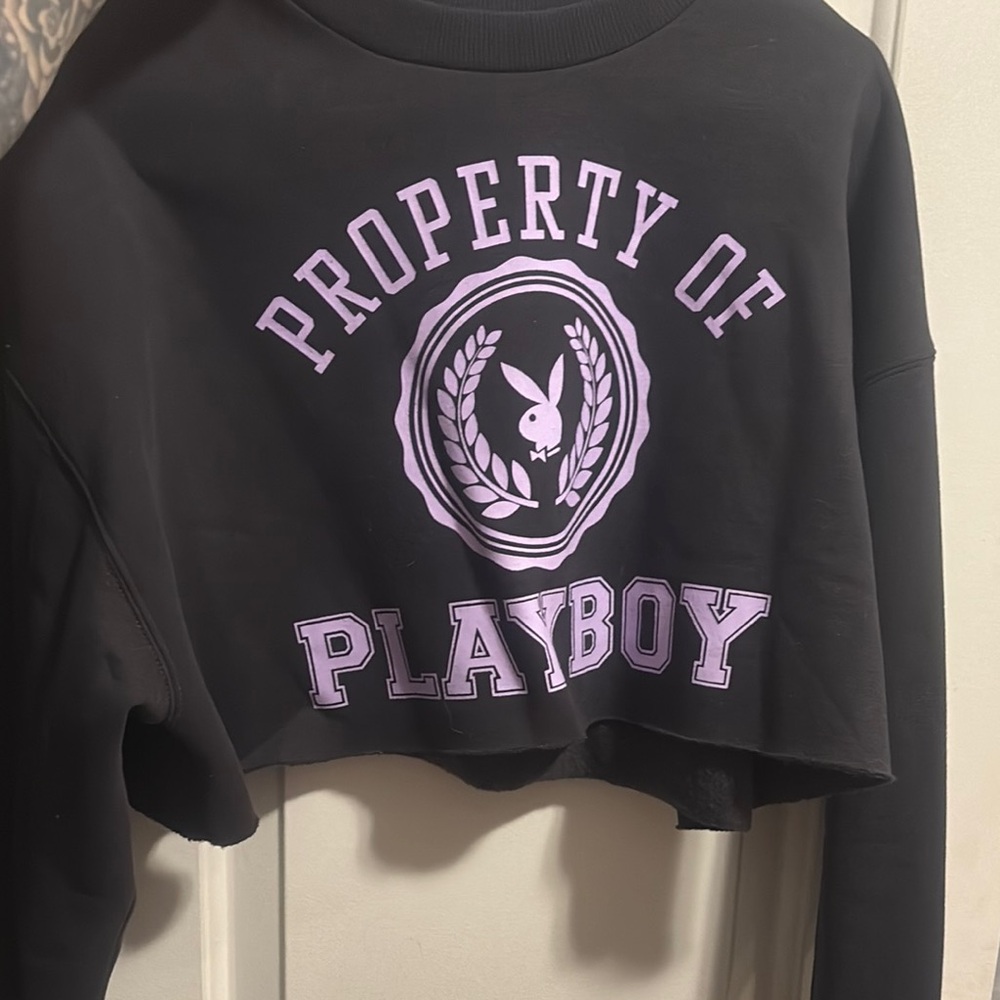 Playboy Black and Purple Cropped Sweatshirt PACSUN